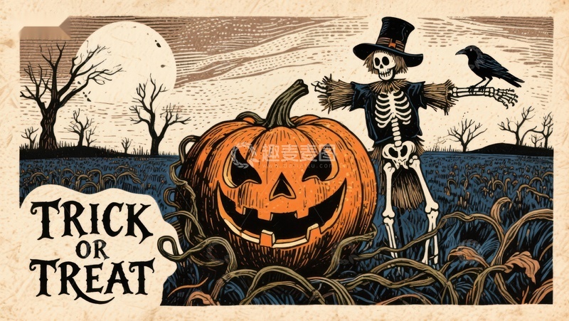 高清大图下载【趣麦麦图】万圣节南瓜与骷髅稻草人