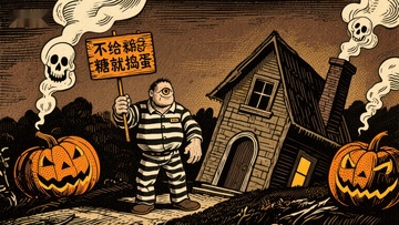 囚犯装扮者手持标语，南瓜灯环绕的万圣节场景