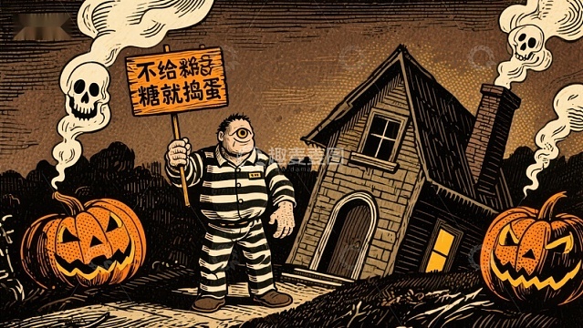 囚犯装扮者手持标语，南瓜灯环绕的万圣节场景