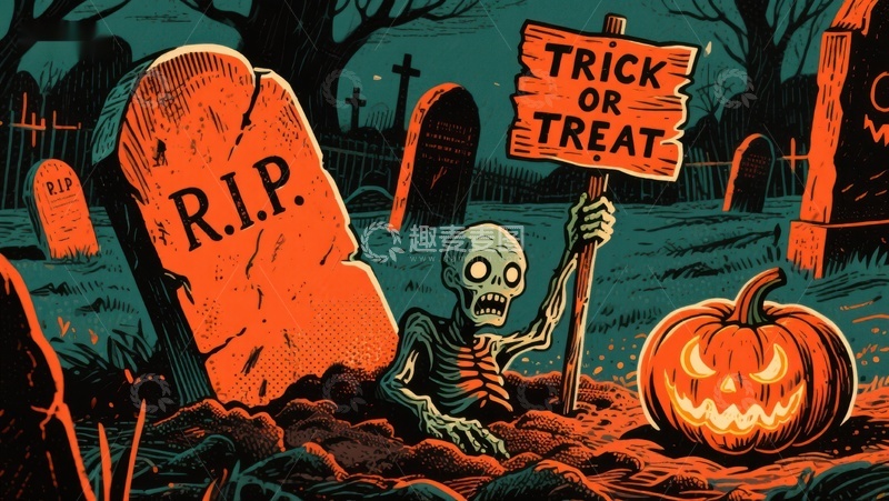 高清大图下载【趣麦麦图】墓地骷髅手持&lsquo;不给糖就捣蛋&rsquo;标牌