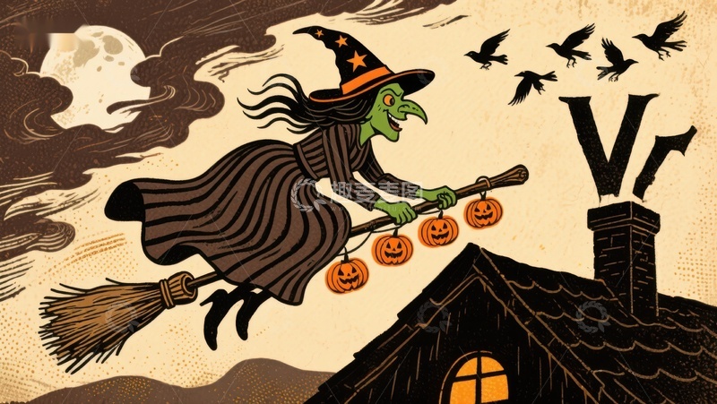高清大图下载【趣麦麦图】巫婆骑扫帚夜空飞行