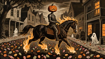 南瓜头骑士骑马穿越糖果街道