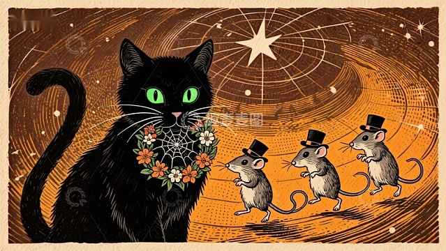 黑猫与戴帽老鼠的奇幻场景