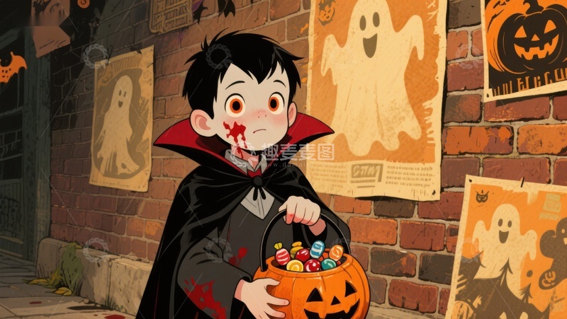 高清大图下载【趣麦麦图】小吸血鬼手持糖果桶，墙绘鬼魂背景