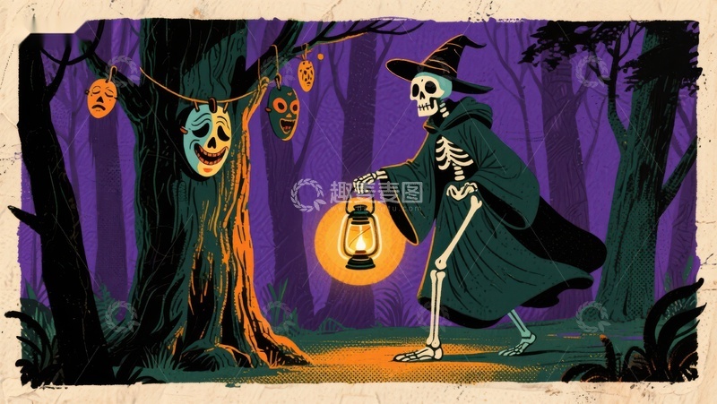 高清大图下载【趣麦麦图】万圣节骷髅提灯夜行