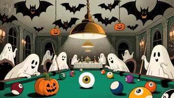万圣节幽灵聚会，台球桌上的狂欢