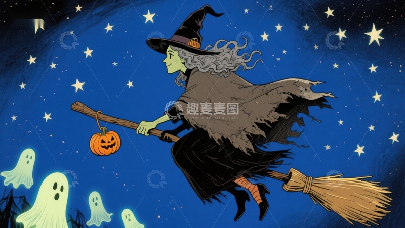 高清大图下载【趣麦麦图】夜空中的女巫与幽灵
