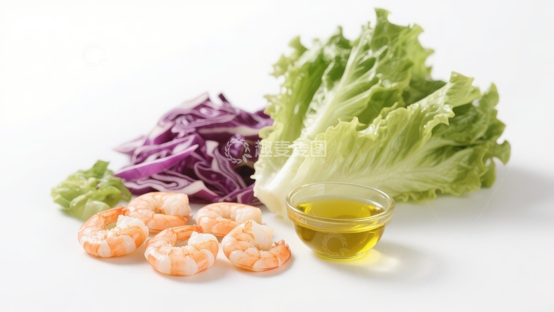 高清大图下载【趣麦麦图】虾仁生菜紫甘蓝橄榄油食材