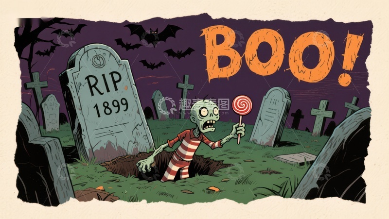 高清大图下载【趣麦麦图】墓地僵尸手持糖果，夜空蝙蝠飞舞