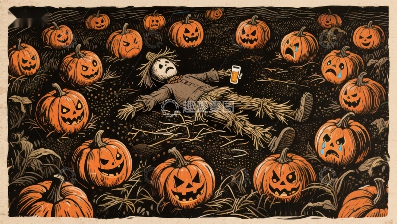 高清大图下载【趣麦麦图】南瓜地里的稻草人与啤酒杯