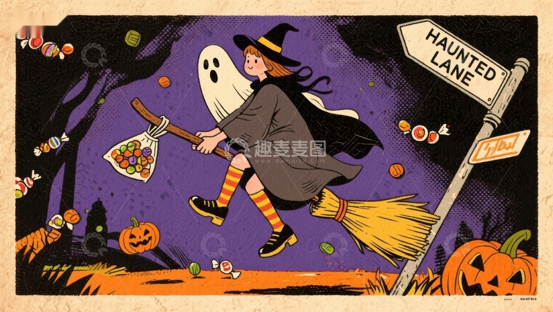 高清大图下载【趣麦麦图】万圣节女巫夜行糖果街