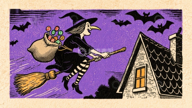 高清大图下载【趣麦麦图】女巫骑扫帚飞行，手提糖果袋