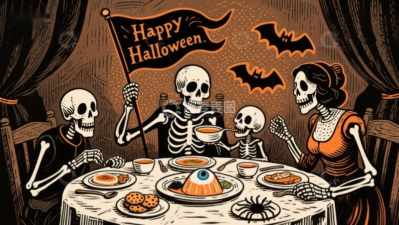 高清大图下载【趣麦麦图】骷髅家庭共度万圣节晚餐