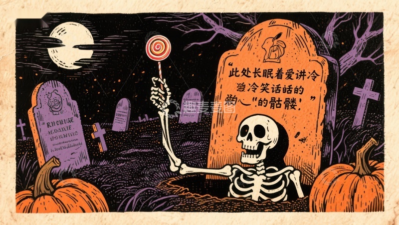 高清大图下载【趣麦麦图】墓地中的骷髅手持棒棒糖