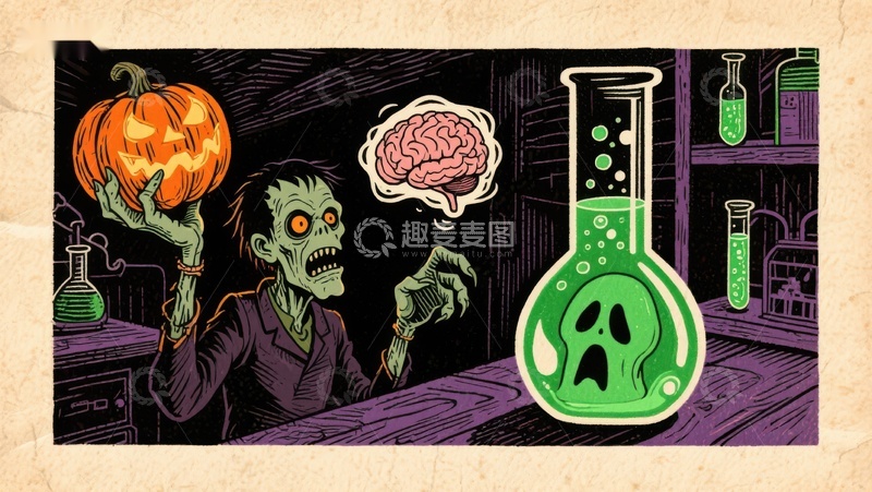 高清大图下载【趣麦麦图】实验室里的南瓜头僵尸与绿色药剂