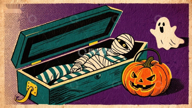 高清大图下载【趣麦麦图】万圣节棺材中的木乃伊与南瓜幽灵