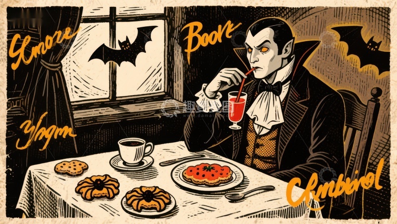 高清大图下载【趣麦麦图】吸血鬼享用甜点与饮品