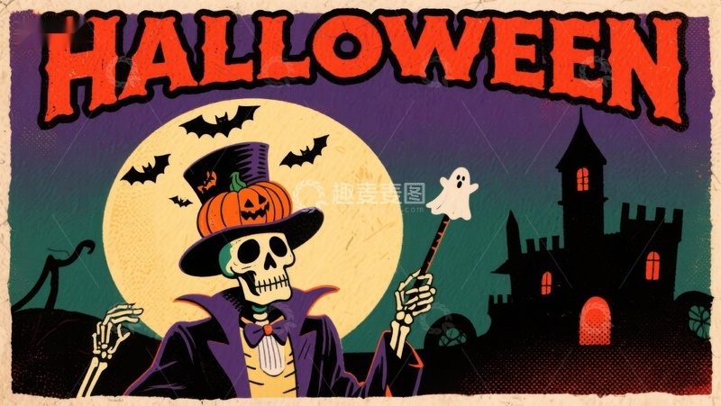 高清大图下载【趣麦麦图】万圣节骷髅巫师与满月城堡