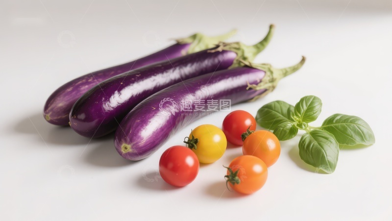 高清大图下载【趣麦麦图】茄子番茄与罗勒叶静物