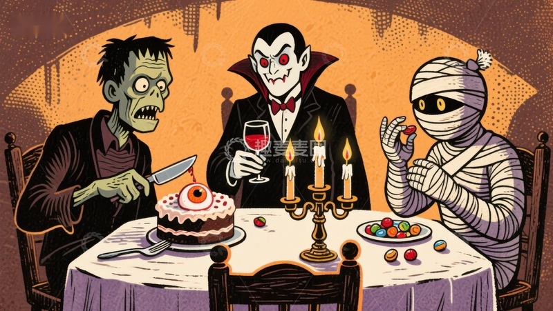 高清大图下载【趣麦麦图】万圣节怪物共进晚餐