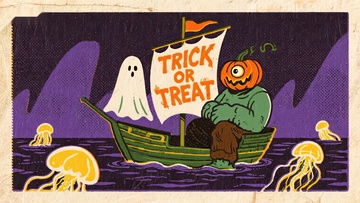 南瓜头人乘船夜游，鬼魂相伴