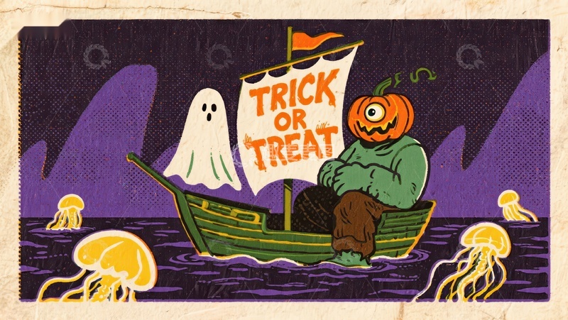 高清大图下载【趣麦麦图】南瓜头人乘船夜游，鬼魂相伴