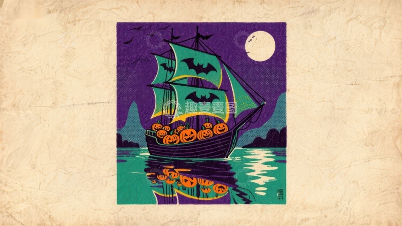 高清大图下载【趣麦麦图】万圣节南瓜船夜景插画
