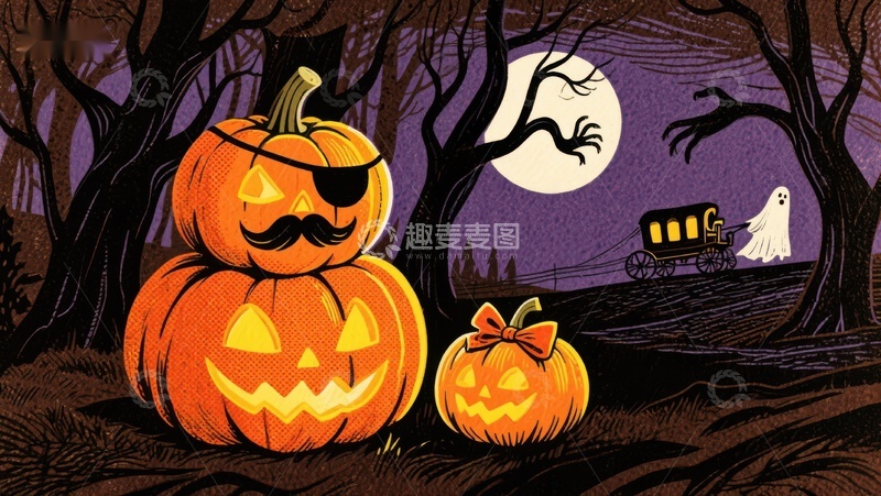 高清大图下载【趣麦麦图】万圣节南瓜灯与幽灵马车