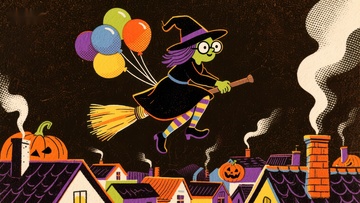 巫女乘帚飞行，手持气球