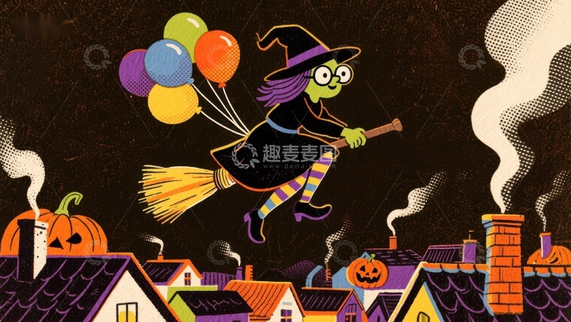 高清大图下载【趣麦麦图】巫女乘帚飞行，手持气球