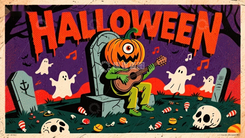 高清大图下载【趣麦麦图】万圣节南瓜吉他手墓地场景
