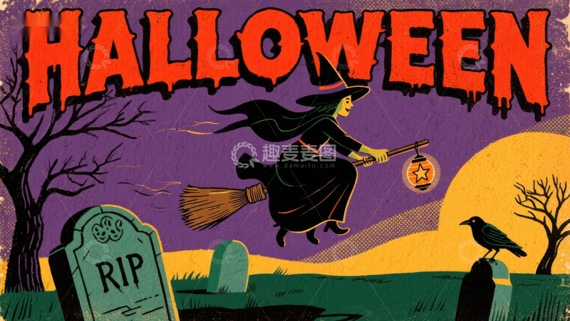 高清大图下载【趣麦麦图】万圣节女巫夜空飞行