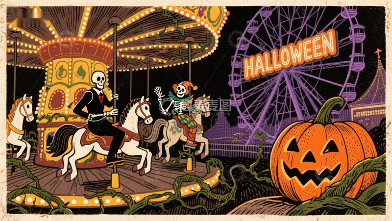 高清大图下载【趣麦麦图】万圣节游乐园的骷髅骑手