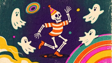 骷髅滑板，幽灵环绕的欢乐万圣节