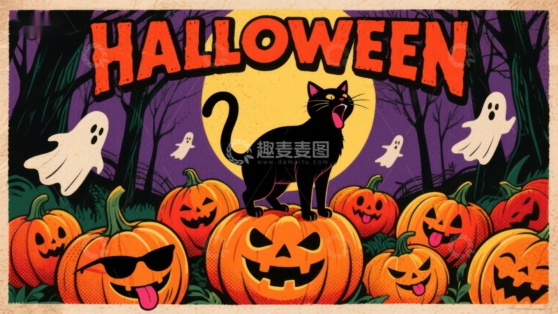 高清大图下载【趣麦麦图】万圣节南瓜灯与黑猫幽灵