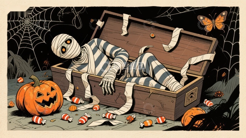 高清大图下载【趣麦麦图】万圣节木乃伊从宝箱中探出