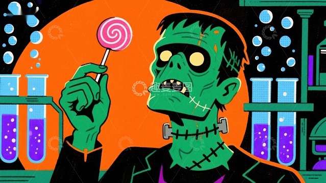 绿色怪物手持棒棒糖，实验室背景