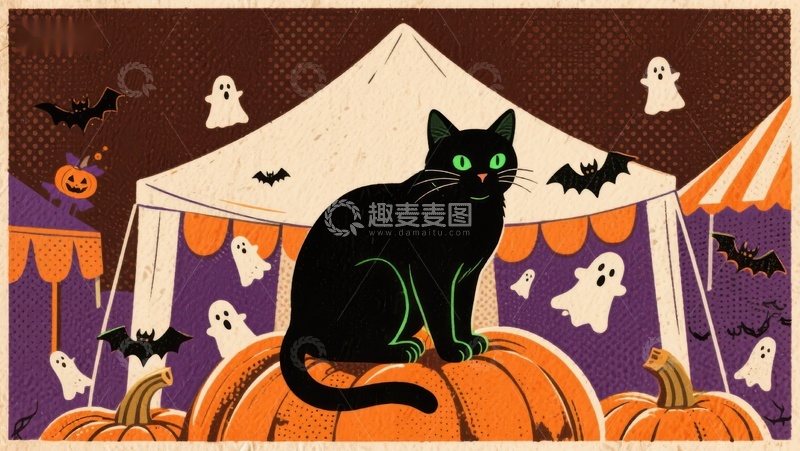 高清大图下载【趣麦麦图】万圣节夜市中的黑猫与南瓜