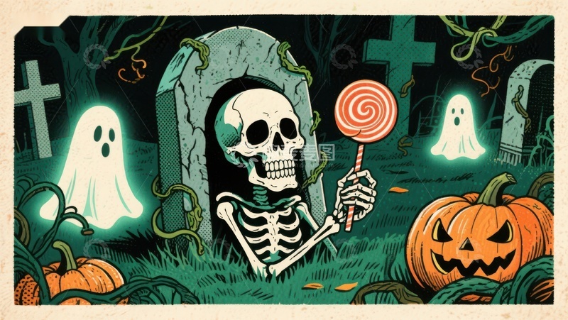 高清大图下载【趣麦麦图】万圣节墓地骷髅手持糖果