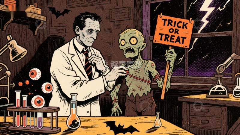 高清大图下载【趣麦麦图】-科学家与僵尸共度万圣节