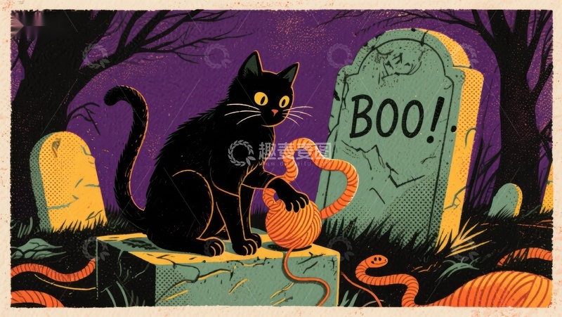 高清大图下载【趣麦麦图】墓地黑猫与南瓜灯的万圣夜