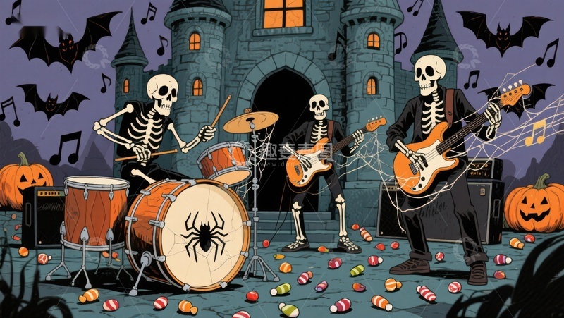 高清大图下载【趣麦麦图】骷髅乐队在城堡前演奏