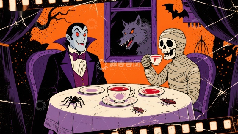 高清大图下载【趣麦麦图】万圣夜茶会：吸血鬼与木乃伊的对话