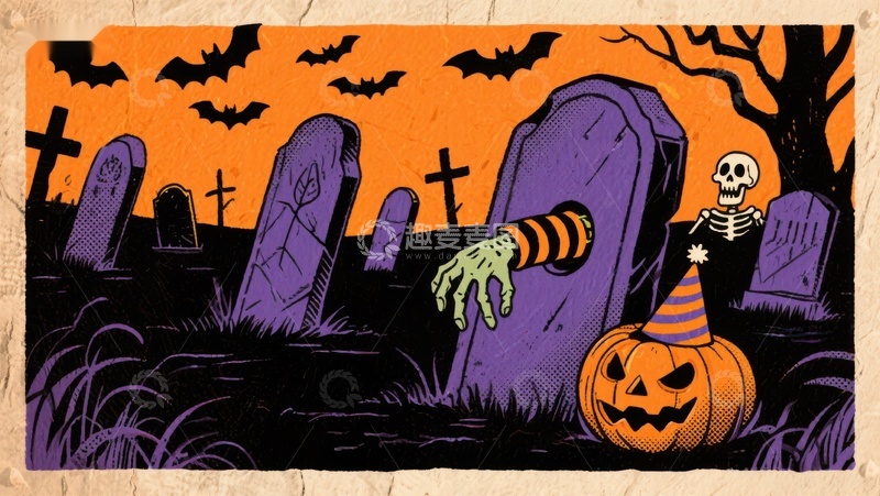 高清大图下载【趣麦麦图】万圣节墓地场景插画
