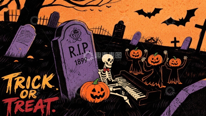 高清大图下载【趣麦麦图】万圣节墓地场景：南瓜骷髅与钢琴