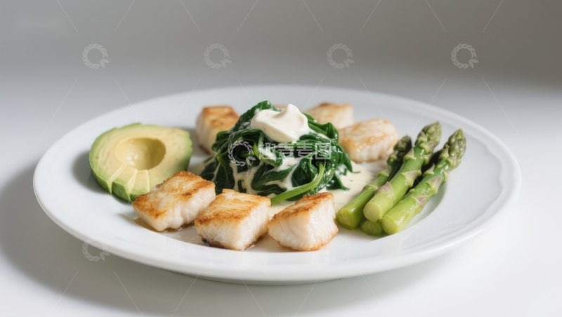 高清大图下载【趣麦麦图】煎鱼配芦笋牛油果沙拉
