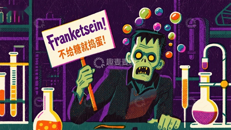 高清大图下载【趣麦麦图】实验室里的绿色怪物手持糖果棒