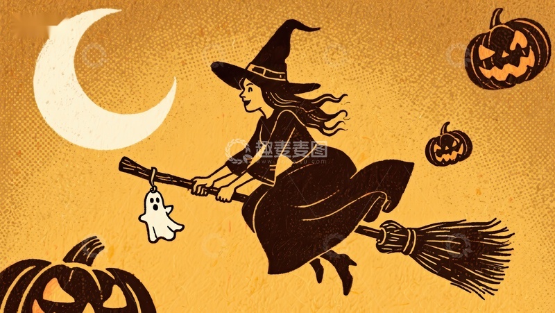 巫女骑扫帚夜空飞翔