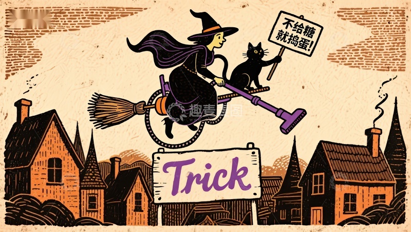 高清大图下载【趣麦麦图】万圣节女巫骑扫帚飞行
