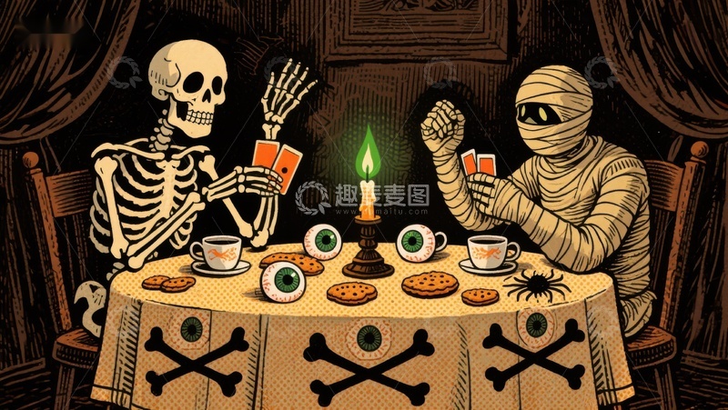 高清大图下载【趣麦麦图】骷髅与木乃伊的茶会